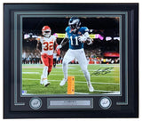 The Sports Integrity AJ Brown Signed Framed 16x20 Philadelphia Eagles Super Bowl LIX Photo BAS features AJ Brown with his signature and a nameplate, perfect for fans and collectors.