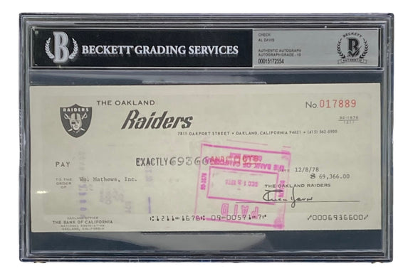 Al Davis Signed Oakland Raiders Personal Bank Check #17889 Auto 10 BAS Sports Integrity