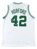 The Sports Integrity Al Horford Boston Signed White Basketball Jersey BAS ITP features green trim, "HORFORD" and number 42 in green on the back, with Al Horford’s signature on the number 4.