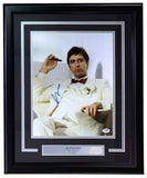 The Sports Integrity Al Pacino Signed Framed 11x14 Scarface Photo features Pacino as Tony Montana in a white suit, holding a cigar, with a blue autograph and name plaque; PSA/DNA authenticated.
