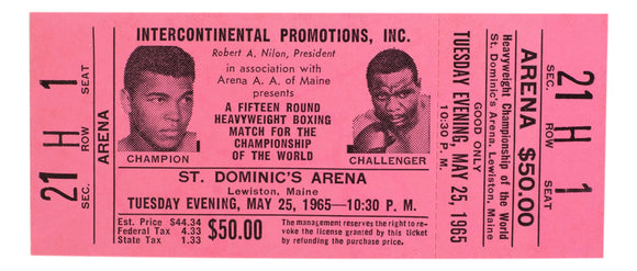 1965 Muhammad Ali Vs Sonny Liston Phantom Punch Boxing Match Pink Full Ticket