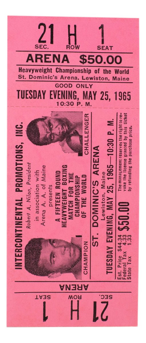 1965 Muhammad Ali Vs Sonny Liston Phantom Punch Pink Full Ticket