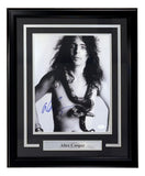 Sports Integrity Alice Cooper Signed Framed 11x14 Photo JSA features a black and white image of a shirtless, long-haired person with a snake, signed in blue ink and includes a plaque reading “Alice Cooper.”.
