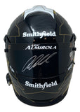 The Sports Integrity Aric Almirola Signed NASCAR Smithfield Full Size Replica Racing Helmet BAS features a black design with white Smithfield logos, ARIC ALMIROLA text, gold accents, and a large autograph on the visor, front view shown.