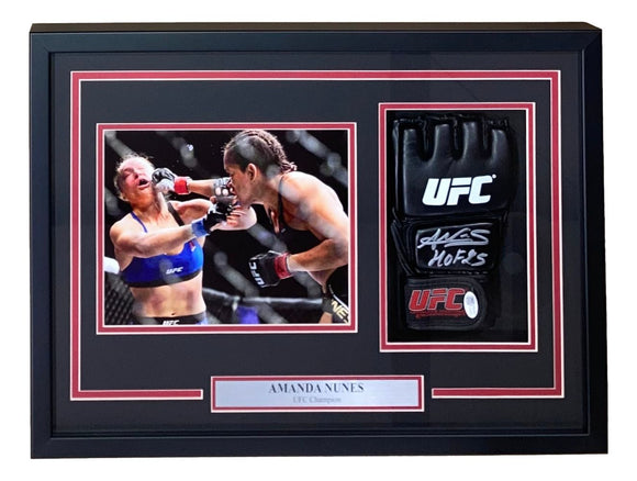 Amanda Nunes Signed UFC Glove HOF 25 w/ 8x10 Rousey Photo In Shadowbox JSA QR
