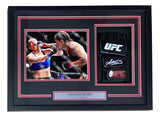 Sports Integrity Amanda Nunes signed UFC fight glove with 8x10 Rousey photo in shadowbox display; includes plaque reading "Amanda Nunes UFC Champion." Authenticated by JSA QR.