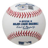A close-up of a Sports Integrity Andre Dawson Chicago Cubs Signed Official MLB Baseball, featuring red stitching, "The Hawk" inscription, authentication sticker, and Andre Dawson’s signature on the white surface.