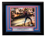 Sports Integrity Andrew Garfield Signed Framed 8x10 Spider-Man Photo PSA/DNA features Spider-Man in action amid fire and debris, with a nameplate bearing Andrew Garfield's name.