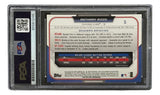 Back of a Sports Integrity Anthony Rizzo Signed 2015 Topps #5 Chicago Cubs Card in a PSA case, displaying player stats, career highlights, brief bio, team logo, and PSA certification on the left.