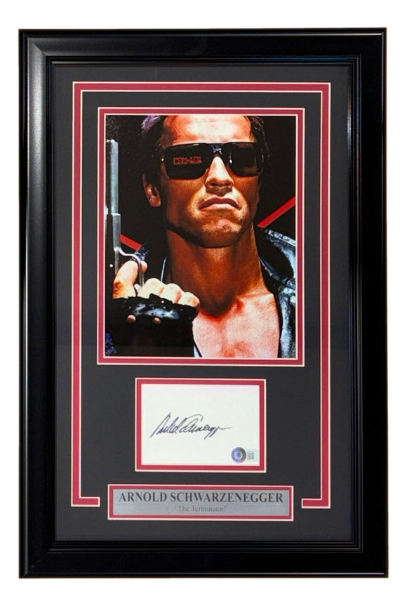 Arnold Schwarzenegger Signed Framed Cut Sig w/ 8x10 Terminator Photo BAS LOA