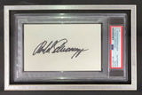 The Sports Integrity Arnold Schwarzenegger Signed Framed Cut Sig features a bold black autograph on a white card, displayed with an 11x14 Terminator photo, authenticated by PSA and encased for display.