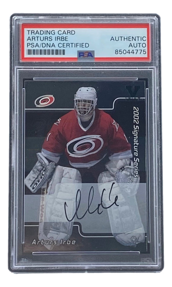 Arturs Irbe Signed 2002 In The Game #129 Carolina Hurricanes Hockey Card PSA/DNA Sports Integrity