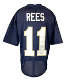The Tommy Rees Notre Dame navy blue football jersey by Sports Integrity features REES in white and the number 11 on the back, with Rees’ signature on the right side of the number.