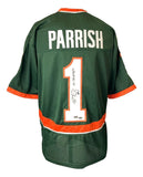 A Sports Integrity Roscoe Parrish Miami green football jersey featuring orange and white accents, "PARRISH" and number 1 on the back, signed with a "01 Champ" message.