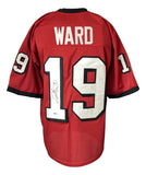 The Sports Integrity Hines Ward Georgia Signed Red Football Jersey features black and white trim, "WARD" and 19 on the back/sleeves, with Ward’s autograph on the back number.