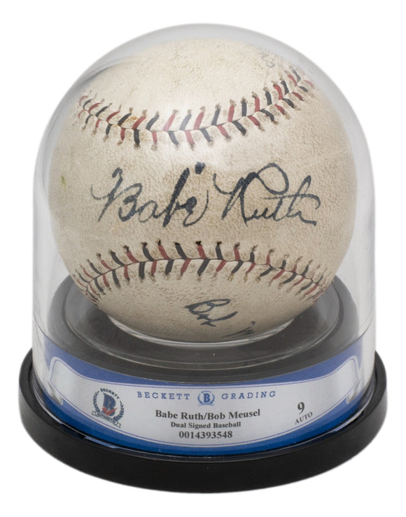 Babe Ruth Signed Baseball w/ Bob Meusel BAS Encapsulated Auto Grade 9
