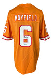 The Sports Integrity Baker Mayfield Signed Orange Tampa Bay Buccaneers Nike Game Replica Jersey features white and red accents, "MAYFIELD" and the number 6 on the back, with an autograph.