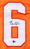 The Sports Integrity Baker Mayfield Tampa Bay Signed Orange Football Jersey features a large white number 6 outlined in red, signed in black marker with a BAS authentication sticker near the bottom of the number.