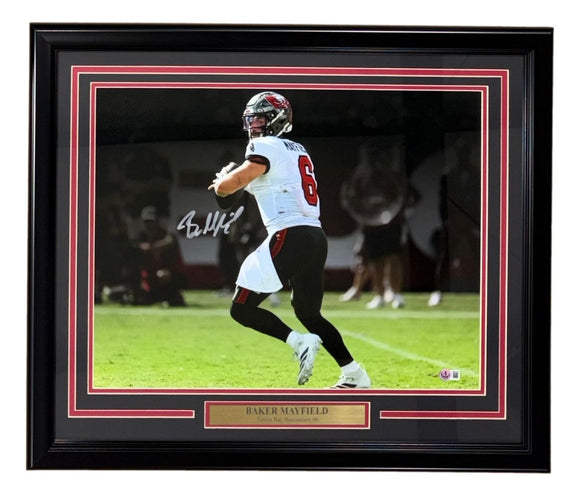 Baker Mayfield Signed Framed 16x20 Buccaneers Spotlight White Jersey Photo BAS