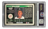 The Sports Integrity Bernie Williams Signed 1992 Pinnacle #229 Yankees card features a PSA label, barcode, stats, bio, and Yankees logo on display in the protective case.