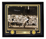 Sports Integrity Bill Mazeroski Signed Framed 16x20 Pittsburgh Pirates Photo (JSA QR Hologram) features Mazeroski hitting a baseball, with a stadium crowd behind him. Two gold emblems and a plaque are displayed inside the frame.