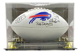 The Sports Integrity Jim Kelly Thomas Reed Signed Bills Logo Football, inscribed "Bills Dynasty," is displayed in a clear case with gold accents.