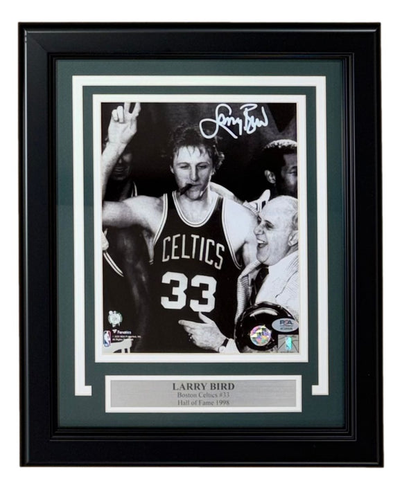 Larry Bird Signed Framed 8x10 Boston Celtics w/ Red Auerbach Photo Bird+PSA/DNA