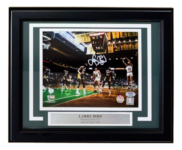 Larry Bird Signed Framed 8x10 Boston Celtics vs Lakers Photo Bird+PSA/DNA