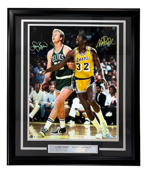 Larry Bird Magic Johnson Signed Framed 16x20 Boston Celtics Lakers Photo PSA+BAS