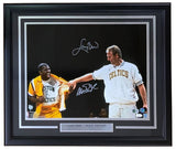 Sports Integrity’s Larry Bird Magic Johnson Signed Framed 16x20 Celtics Shirt Pull Photo (JSA+BAS) features both legends laughing together, their autographs, and a nameplate displayed below the image.