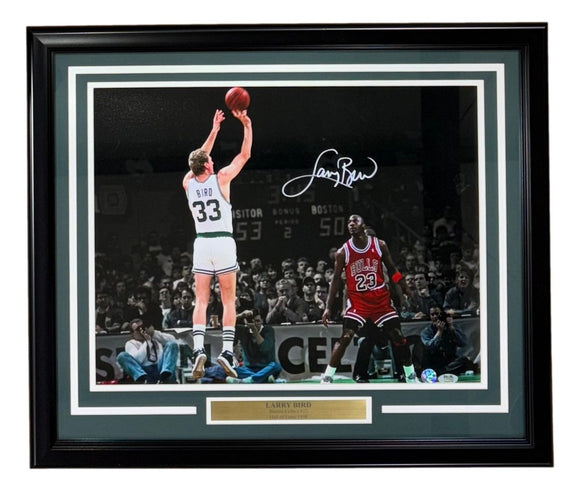 Larry Bird Signed Framed 16x20 Celtics vs Michael Jordan Photo 2 Bird+PSA/DNA