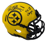 A Rocky Bleier signed Pittsburgh Steelers Rave mini Speed helmet by Sports Integrity, yellow with black faceguard, features team logo, “4x SB Champs” text, and two black marker signatures.
