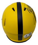 The Rocky Bleier Signed Pittsburgh Steelers Rave Mini Speed Helmet by Sports Integrity features a yellow shell with a black center stripe, ventilation holes, signature in black marker, and an authentication sticker with QR code.