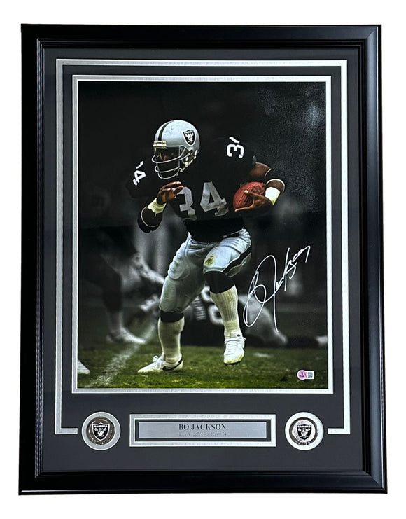 Bo Jackson Signed Framed 16x20 Oakland Raiders Black Jersey Photo BAS