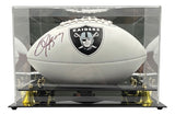 The Sports Integrity Bo Jackson Signed Oakland Raiders Logo Football (BAS ITP) is showcased in a clear protective case with a black and gold base.