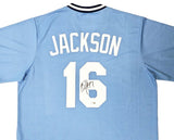 The Bo Jackson Signed Royals Light Blue Nike Cooperstown Collection Jersey by Sports Integrity features "JACKSON" and the number 16 in white on the back, with the number hand-signed in black ink.
