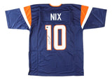 The Sports Integrity Bo Nix Denver Signed Alternate Blue Football Jersey BAS features navy with orange and white accents, "NIX" and the number 10 on the back, plus a signature below the number.