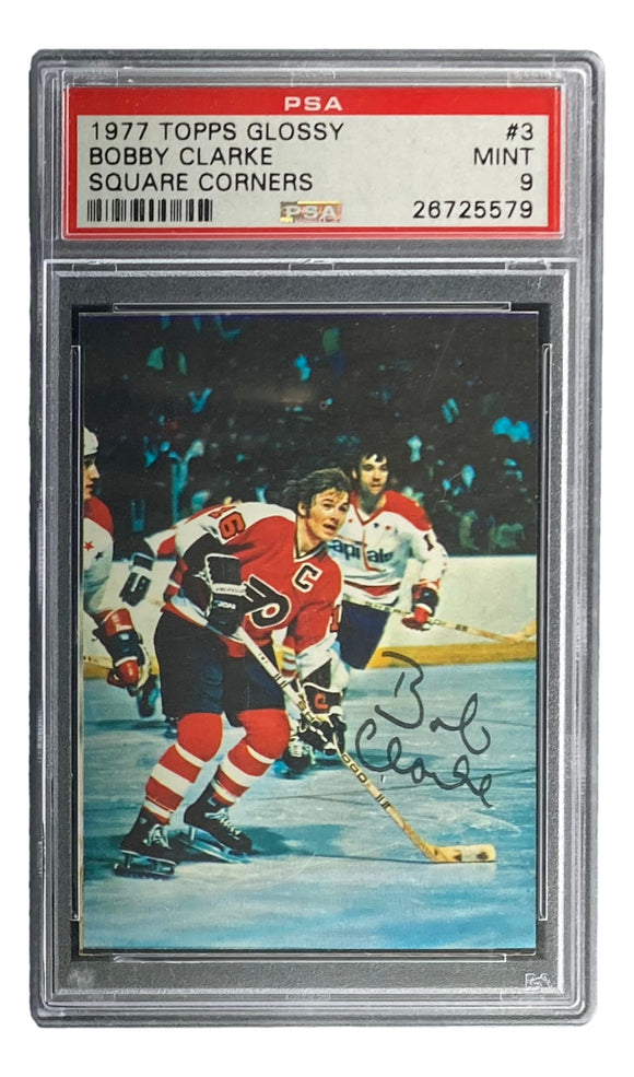Bob Clarke Signed Flyers 1977 Topps Glossy #3 Trading Card Insert PSA/DNA Mint 9