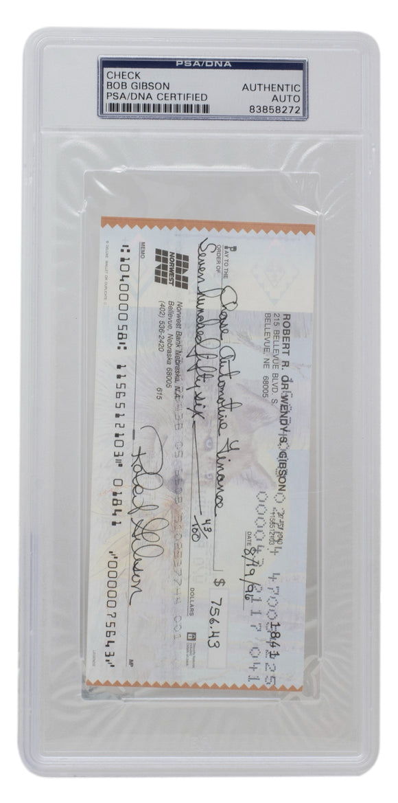 Bob Gibson Signed Slabbed Cardinals Personal Bank Check #1841 PSA/DNA Sports Integrity