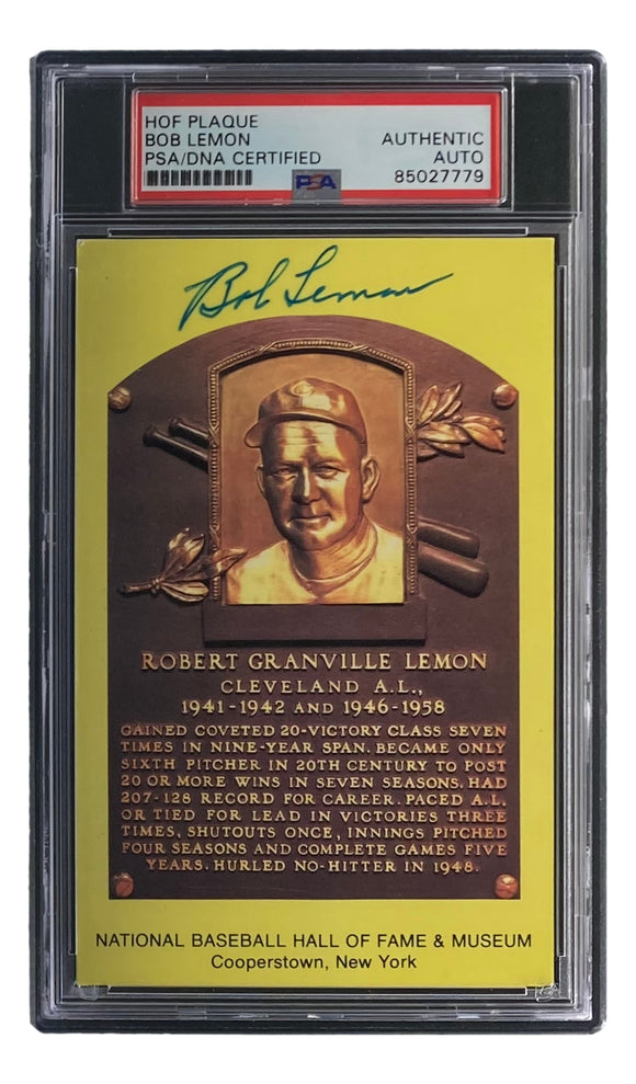 Bob Lemon Signed 4x6 Cleveland HOF Plaque Card PSA/DNA 85027779 Sports Integrity