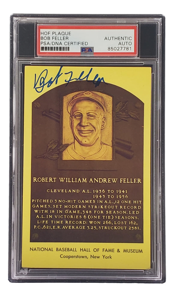 Bob Feller Signed 4x6 Cleveland Hall Of Fame Plaque Card PSA/DNA 85027781 Sports Integrity