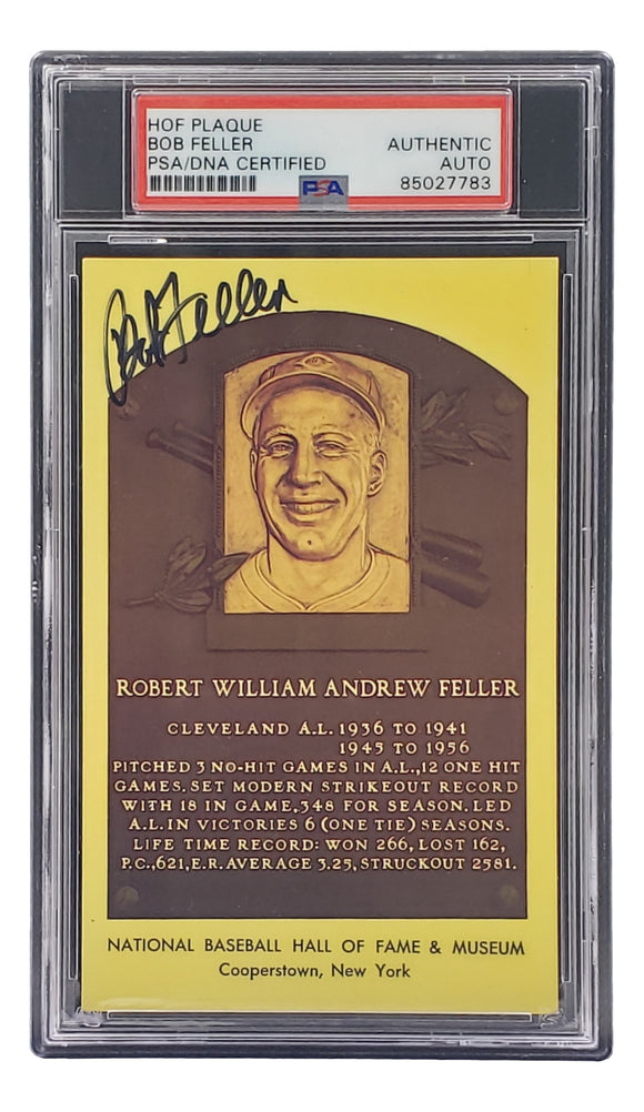 Bob Feller Signed 4x6 Cleveland Hall Of Fame Plaque Card PSA/DNA 85027783 Sports Integrity
