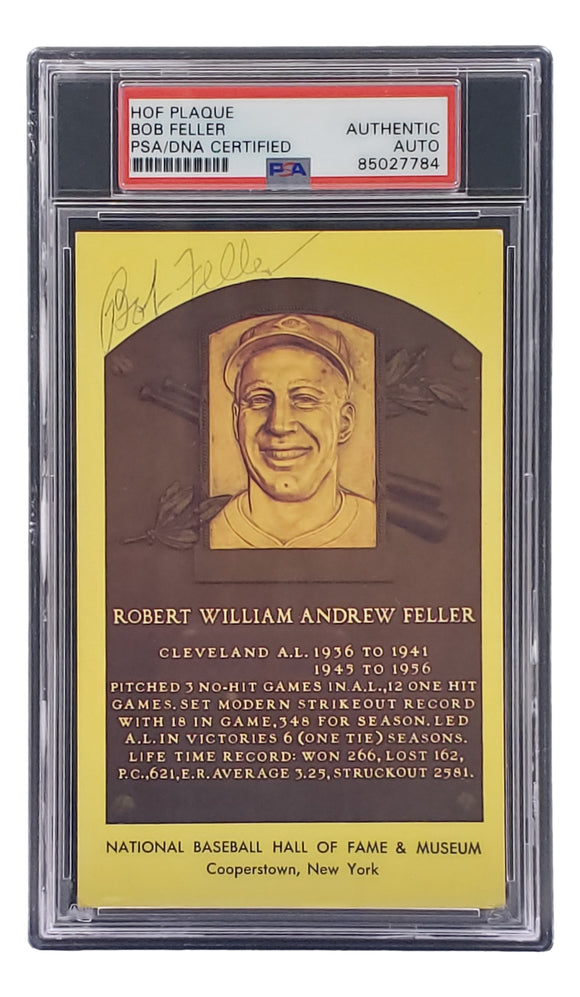 Bob Feller Signed 4x6 Cleveland Hall Of Fame Plaque Card PSA/DNA 85027784 Sports Integrity