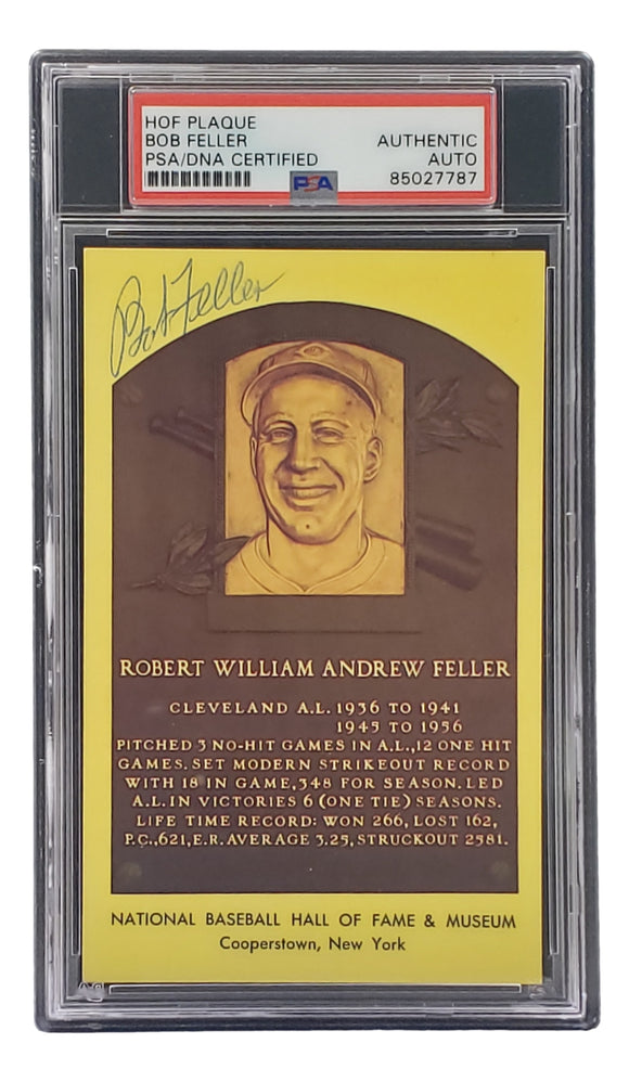 Bob Feller Signed 4x6 Cleveland Hall Of Fame Plaque Card PSA/DNA 85027787 Sports Integrity