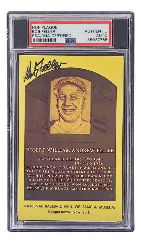 Bob Feller Signed 4x6 Cleveland Hall Of Fame Plaque Card PSA/DNA 85027788 Sports Integrity