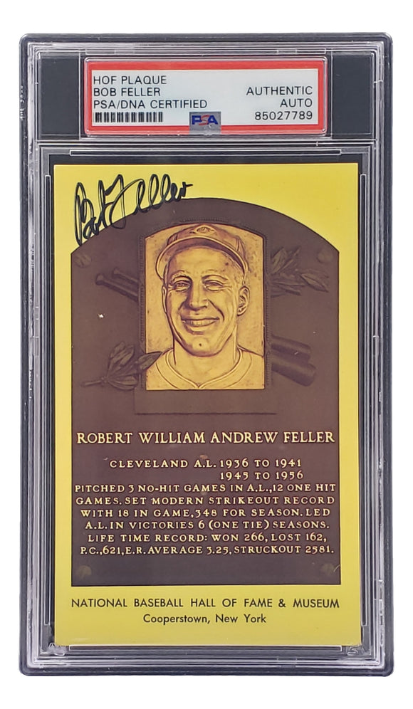 Bob Feller Signed 4x6 Cleveland Hall Of Fame Plaque Card PSA/DNA 85027789 Sports Integrity