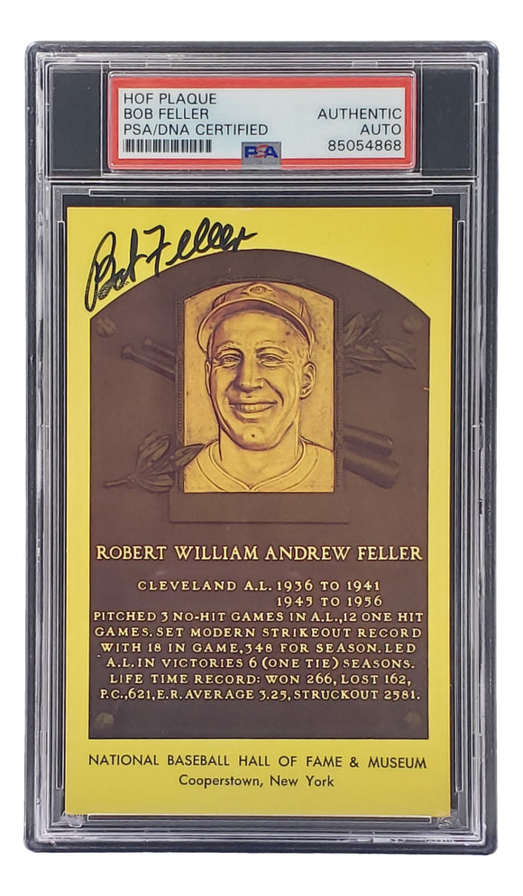 Bob Feller Signed 4x6 Cleveland Hall Of Fame Plaque Card PSA/DNA 85054868 Sports Integrity