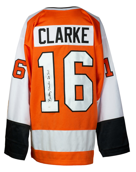Bobby Clarke Signed Custom Orange Hockey Jersey 2x SCC Inscribed JSA ITP Sports Integrity