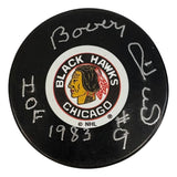 Bobby Hull Signed Chicago Blackhawks Logo Puck HOF 1983 BAS