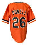 A Boog Powell Baltimore orange baseball jersey by Sports Integrity, featuring black and white trim, MVP 70 inscription, and two autographs on the number 26.